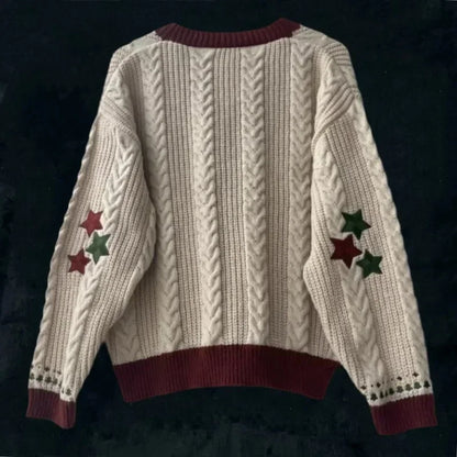 Women's Cozy Red & Green Christmas Tree & Stars Knitted Embroidered Cardigan