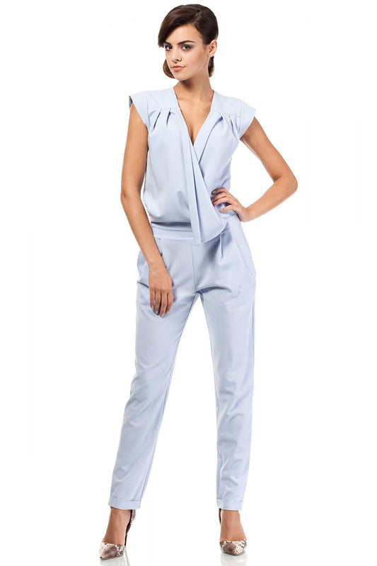 Women’s Light Blue Sleeveless Pantsuit With Ruffle Detail & Pockets