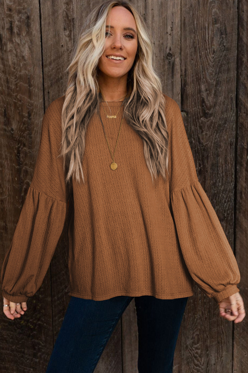 Women's Cozy Knit Jacquard Puffy Loose Fit Long Sleeve Top