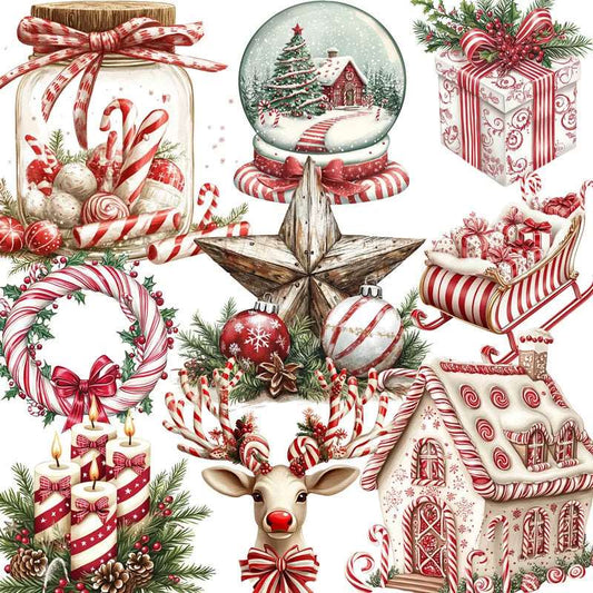 Festive Red & White Candy Cane Christmas Objects Decorative Stickers (20 Pieces)