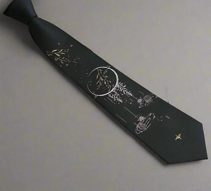 Japanese Style Moonlit Lake Black & Gold Night Landscape Necktie