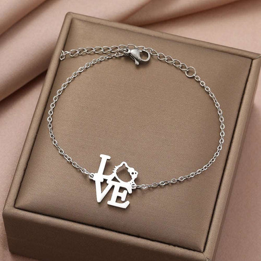 Women's Hello Kitty "Love" Stainless Steel Pendant Chain Bracelet