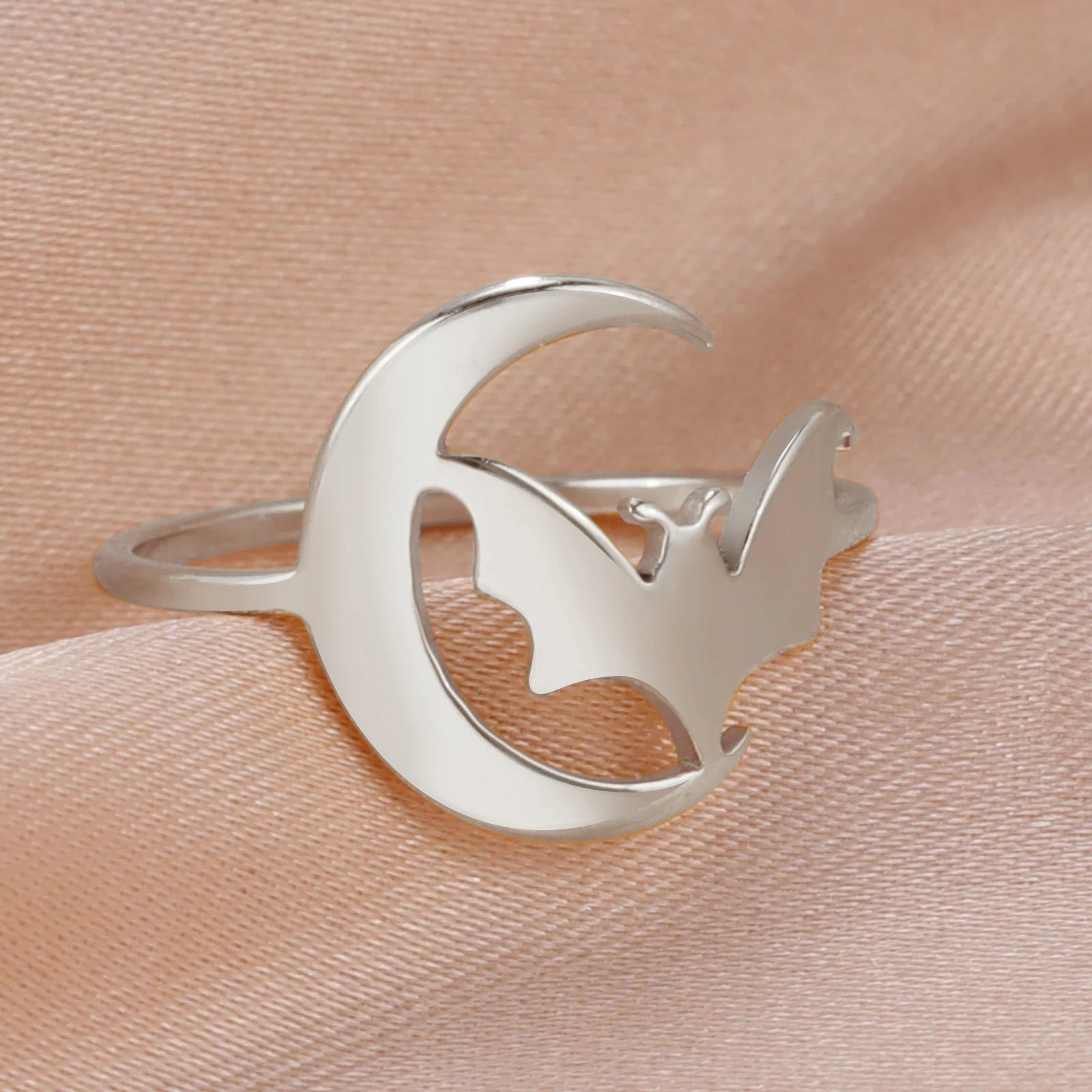 Women's Gothic Punk Crescent Moon & Bat Stainless Steel Ring - Lovez Aqua© - 