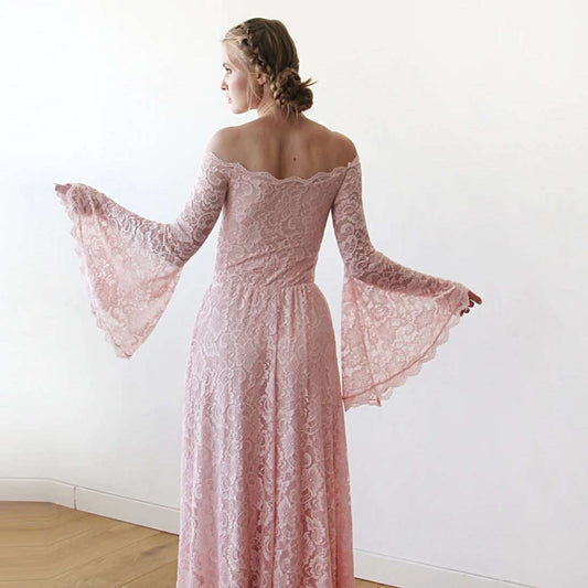 Light Pink Off-Shoulder Scalloped Necklace Lace Wedding Dress with Bell Sleeves