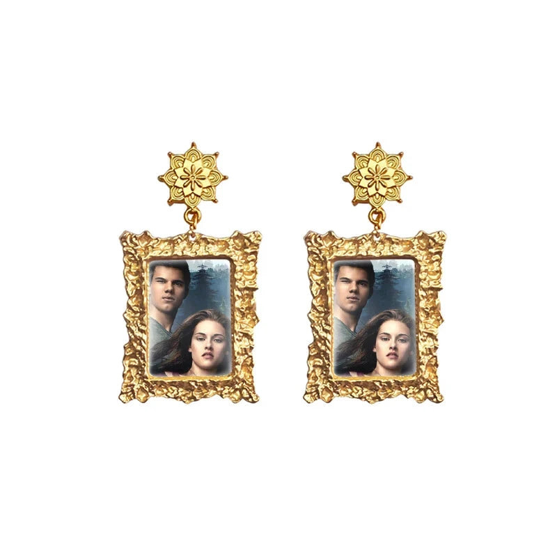 Twilight Movie Vintage Gold Framed Miniature Portrait Drop Earrings - Lovez Aqua© - bella swan, edward cullen, jacob black, robert pattinson