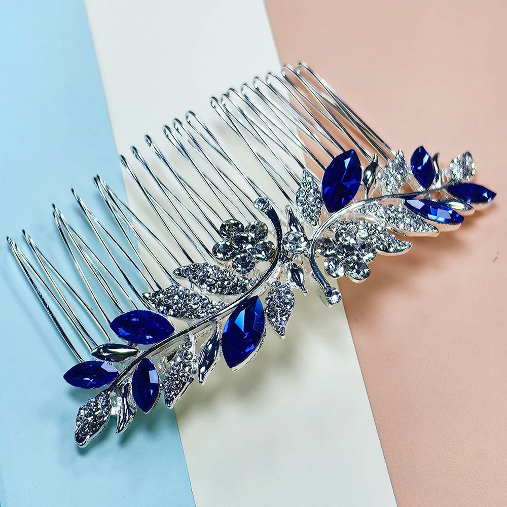 Delicate Silver & Sapphire Blue Crystal Bridal Wedding Headwear Hair Comb