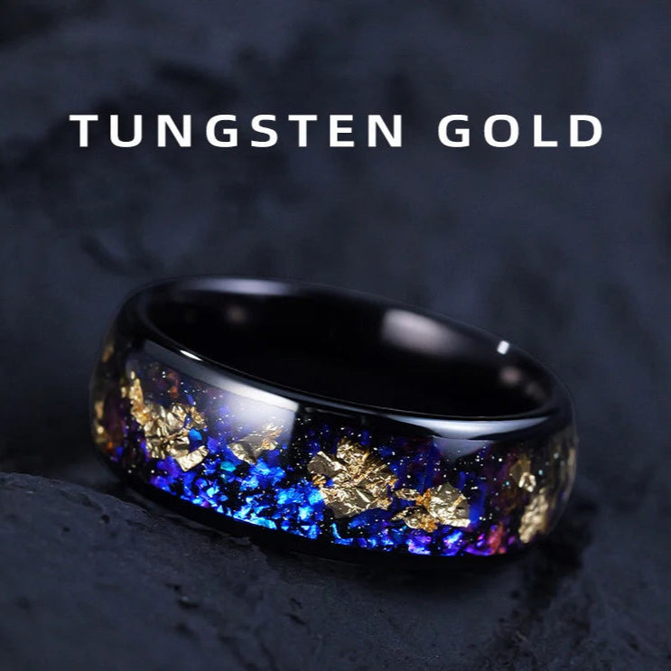 Luxurious Black, Dark Blue & Gold Leaf Midnight Sky Tungsten Ring