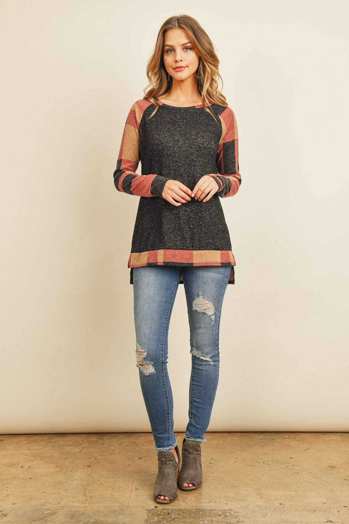 Women’s Winter Top with Hacci Plaid Pattern & Cozy Long Back Hem