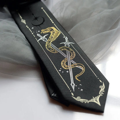 Japanese Anime Style Black & Gold Snake & Swords Mystical Fantasy Men's Necktie