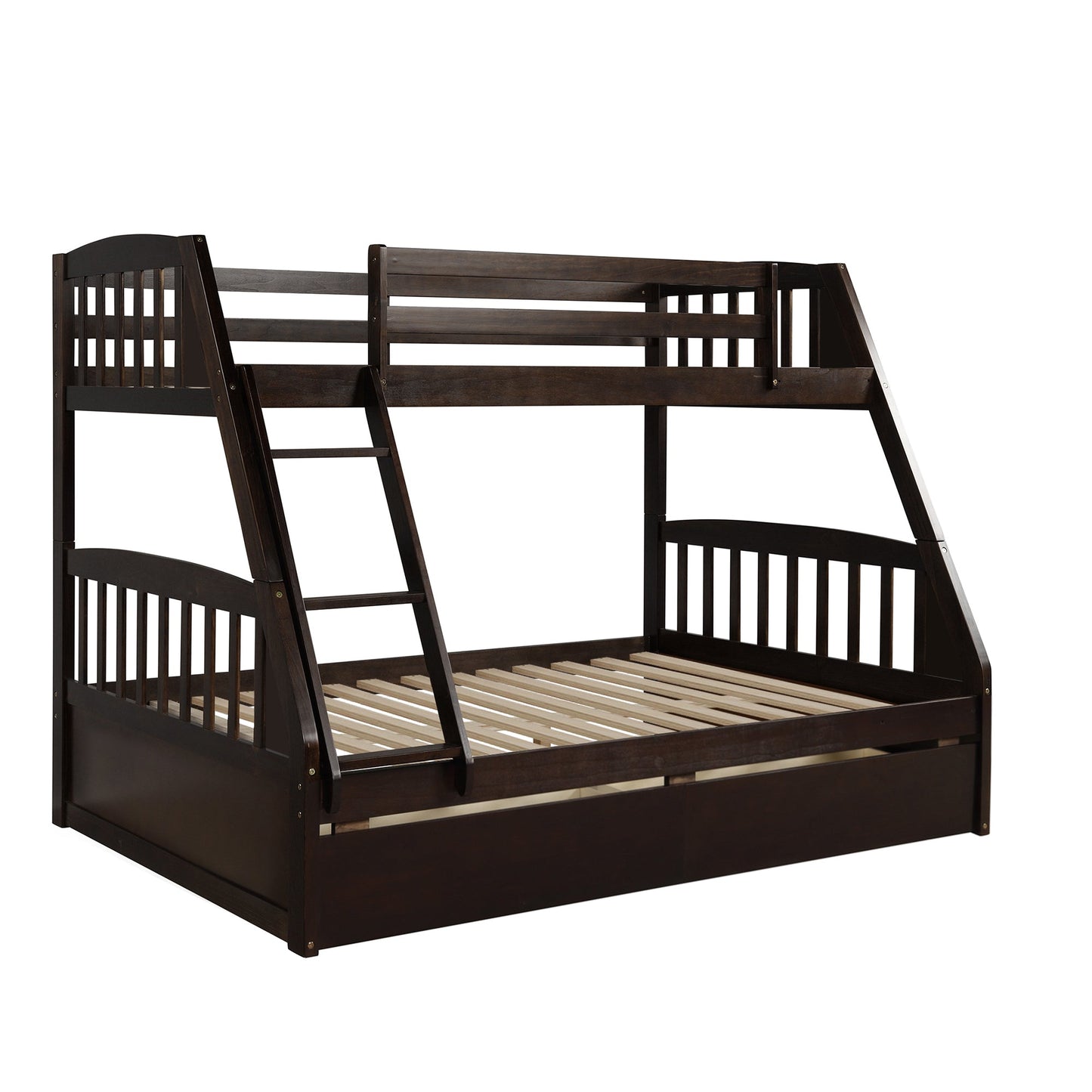 Espresso Pine Wood Twin Over Full Bunk Bed With Two Storage Drawers - Lovez Aqua© - 