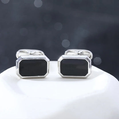 Men's French Style Angular Rectangle Formal Black & Silver Cufflinks - Lovez Aqua© - 