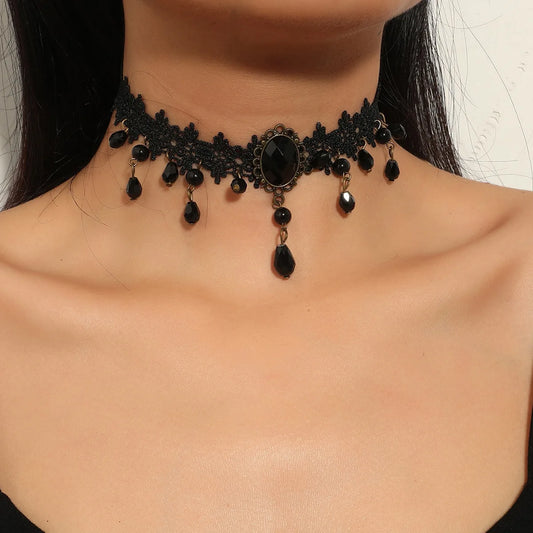 Women's Vintage Classic Gothic Black Lace Choker with Rhinestone Accents