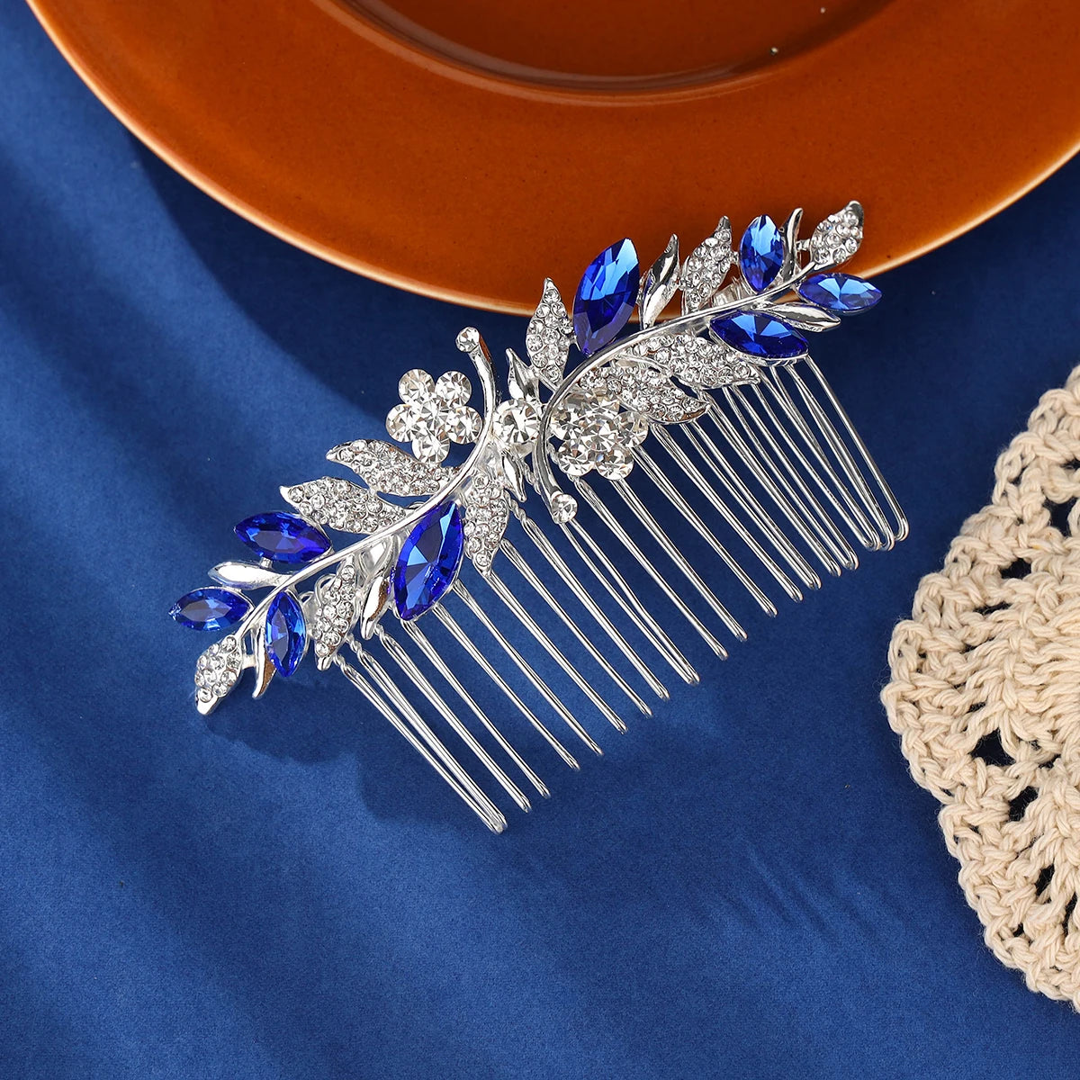 Delicate Silver & Sapphire Blue Crystal Bridal Wedding Headwear Hair Comb