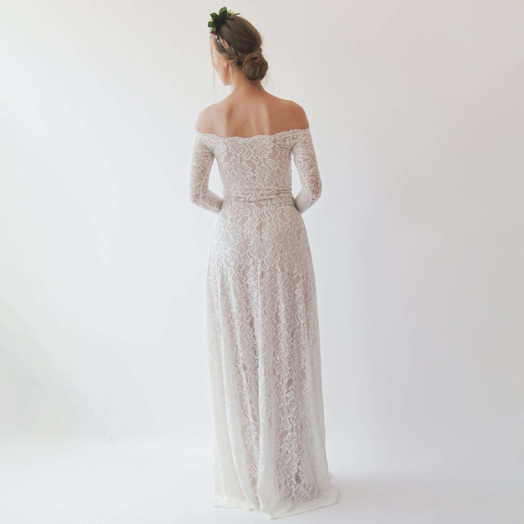 Ivory Blush Off Shoulder Scalloped Neckline Lace Wedding Dress with Long Sleeves