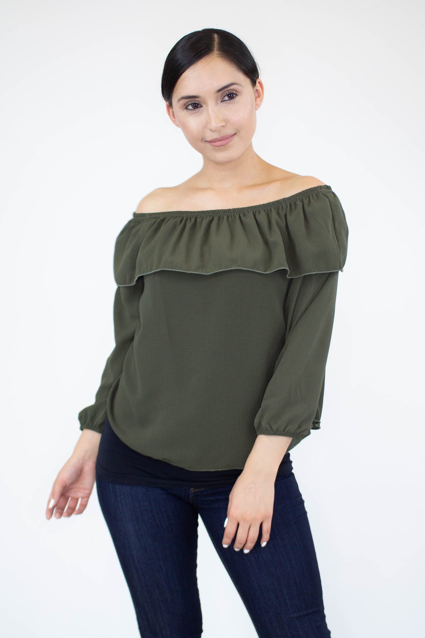 Women's Olive Colored Balloon Sleeve Blouse with Ruffled Neckline