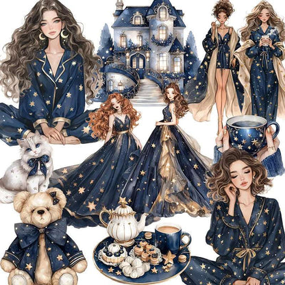 Dark Blue & Gold Starry Sky Women's Sleepover Cozy Pajamas Stickers (20 Pieces)