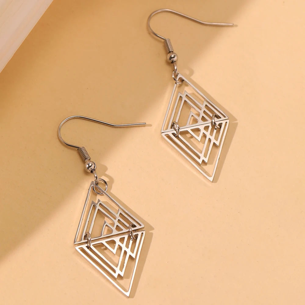 Women's Geometric Hollow Cutout Triangle Pyramid Stainless Steel Dangle Earrings