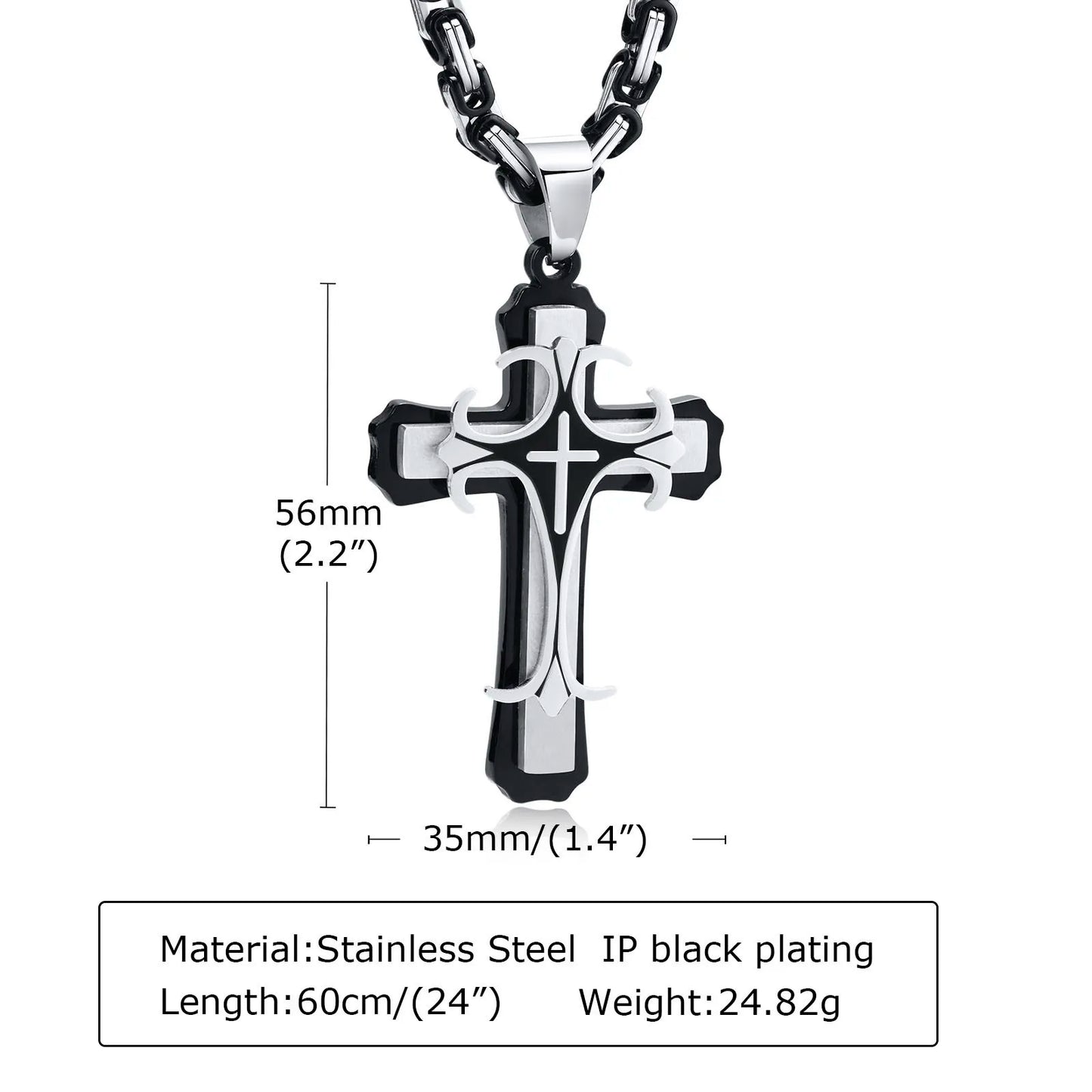 Men's Stainless Steel Religious Cross Pendant Necklace With Byzantine Chain - Lovez Aqua© - 