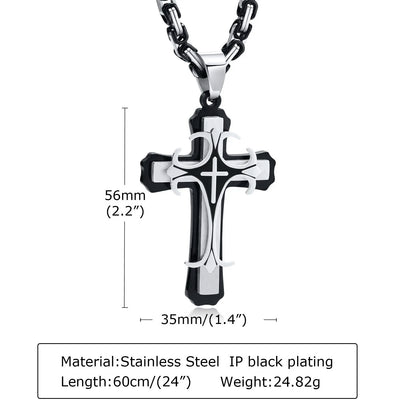 Men's Stainless Steel Religious Cross Pendant Necklace With Byzantine Chain - Lovez Aqua© - 