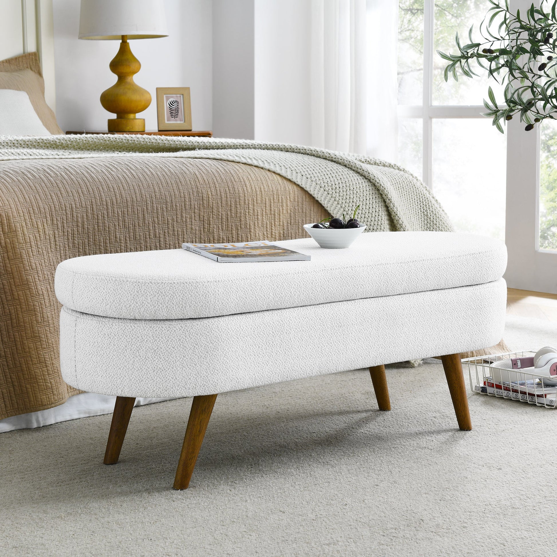 Ottoman White Linen Oval Storage Bench Seat with Wooden Legs - Lovez Aqua© - 