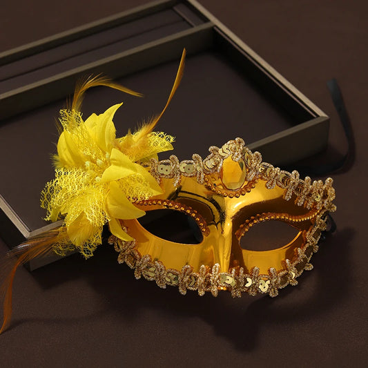 Deep Gold Half Face Women's Venetian Masquerade Festival Mask with Yellow Flower