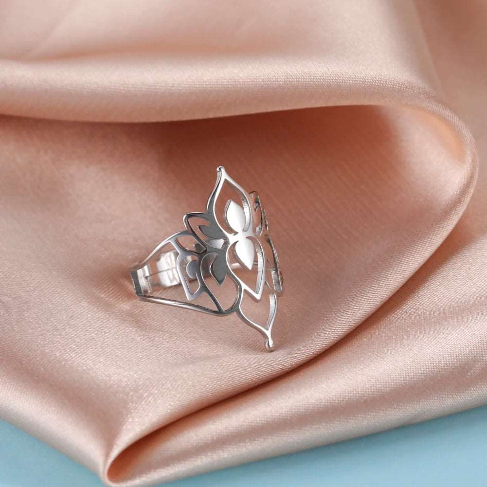 Women's Hollow Cutout Lotus Flower Stainless Steel Adjustable Ring