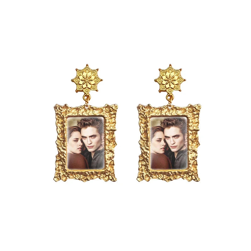 Twilight Movie Vintage Gold Framed Miniature Portrait Drop Earrings - Lovez Aqua© - bella swan, edward cullen, jacob black, robert pattinson