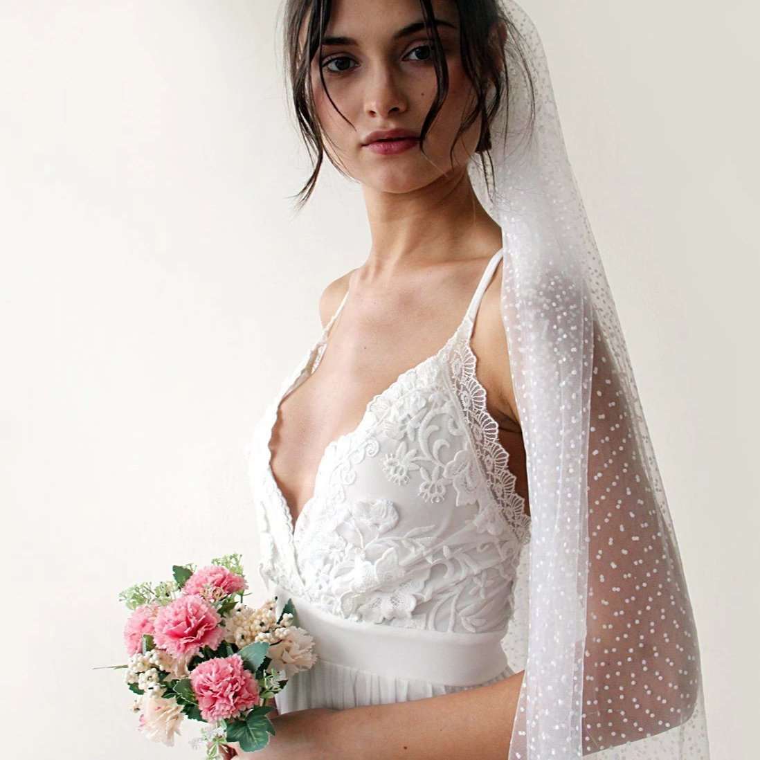 White Floral Lace Spaghetti Straps Maxi Wedding Dress with Scalloped V-Neckline