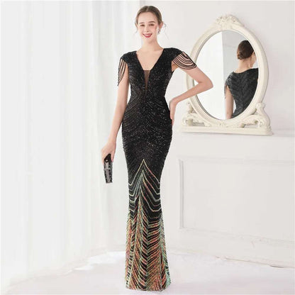 Women's Sequined Mermaid Evening Dress With Fringe Cap Sleeves - 80d3e6-0e.myshopify.com - -  