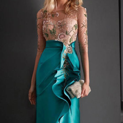 Elegant Women's Satin Embroidered Gold & Aqua Flared Mermaid Evening Dress - Lovez Aqua© - 