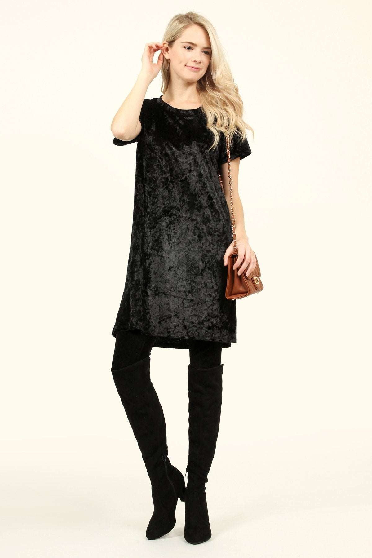 Women's Short Sleeve Relaxed Fit Crushed Velvet Tunic Dress