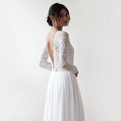 Ivory Boat Neckline V Back Lace & Chiffon Mesh Long Sleeve Wedding Dress