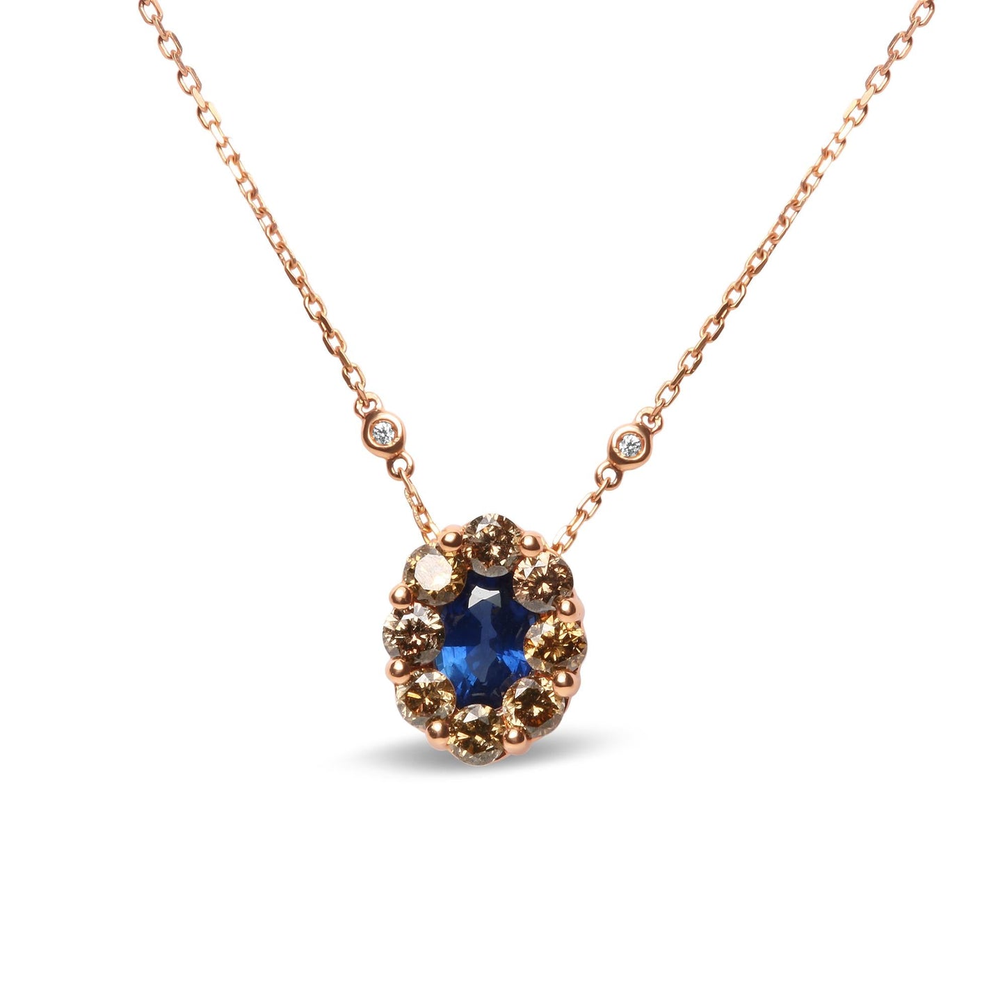 18K Rose Gold White & Brown Diamonds with Oval Blue Sapphire Halo Cluster