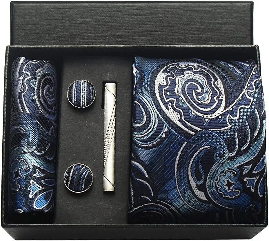 Men's Luxury Silk Paisley Floral Necktie, Pocket Square, Clip & Cufflinks Set - Lovez Aqua© - 