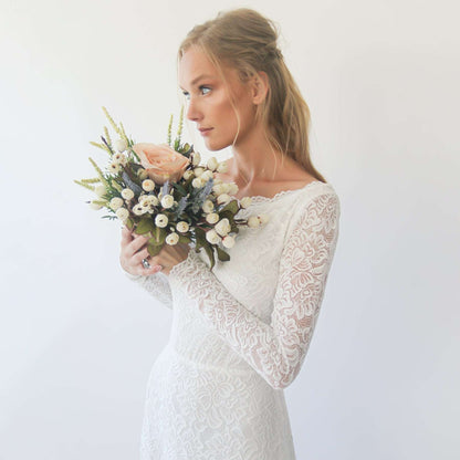 White Boat Neckline & Long Bell Lace Sleeves Modest Wedding Dress