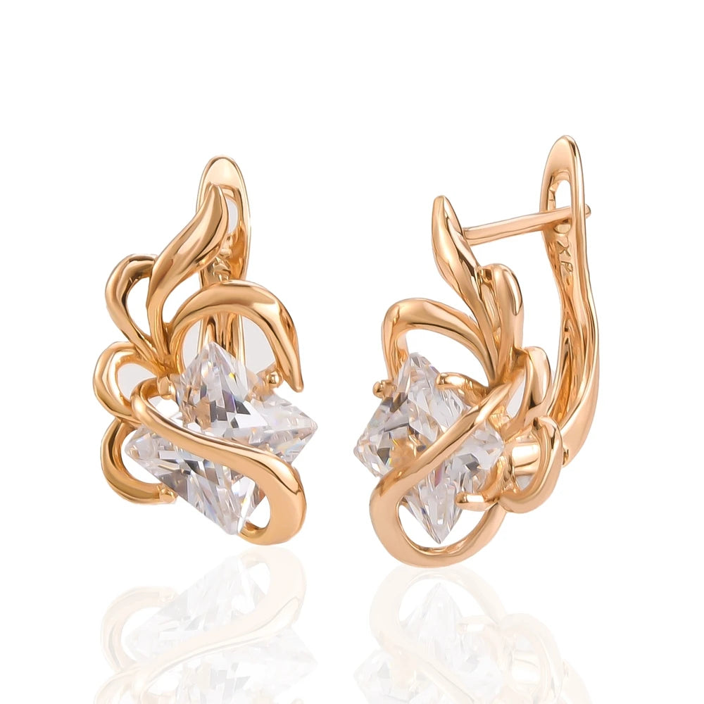 Women's Twisted Gold Stud Earrings with Geometric Cubic Zirconia Rhinestone