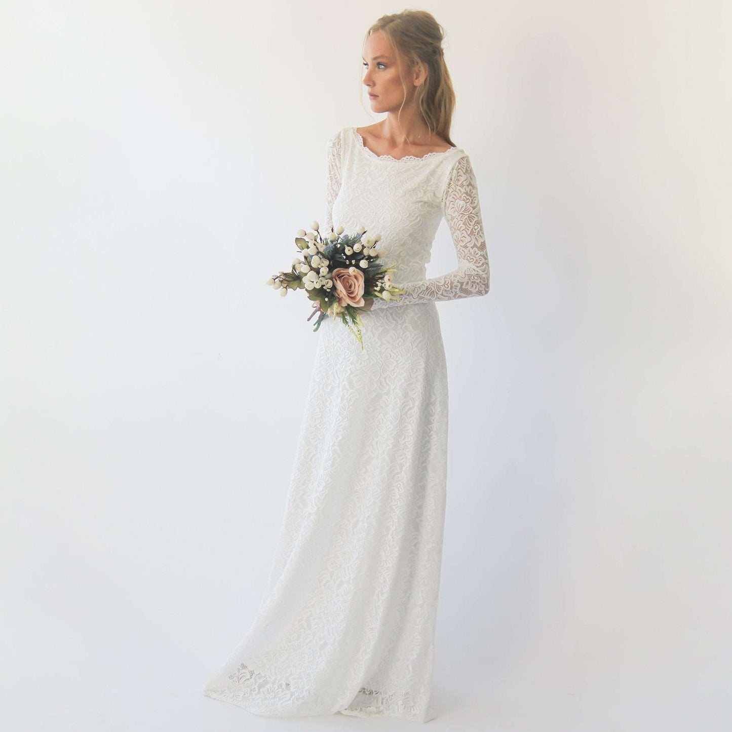 White Boat Neckline & Long Bell Lace Sleeves Modest Wedding Dress