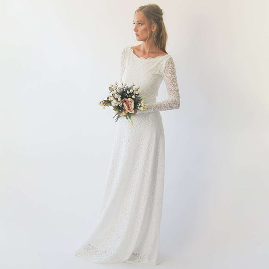 White Boat Neckline & Long Bell Lace Sleeves Modest Wedding Dress