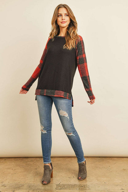 Women’s Winter Top with Hacci Plaid Pattern & Cozy Long Back Hem