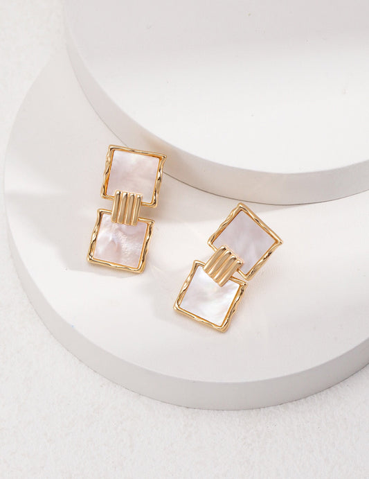 Women's Stylish 18K Gold-Plated Vermeil Square Shell Pendant Dangle Earrings