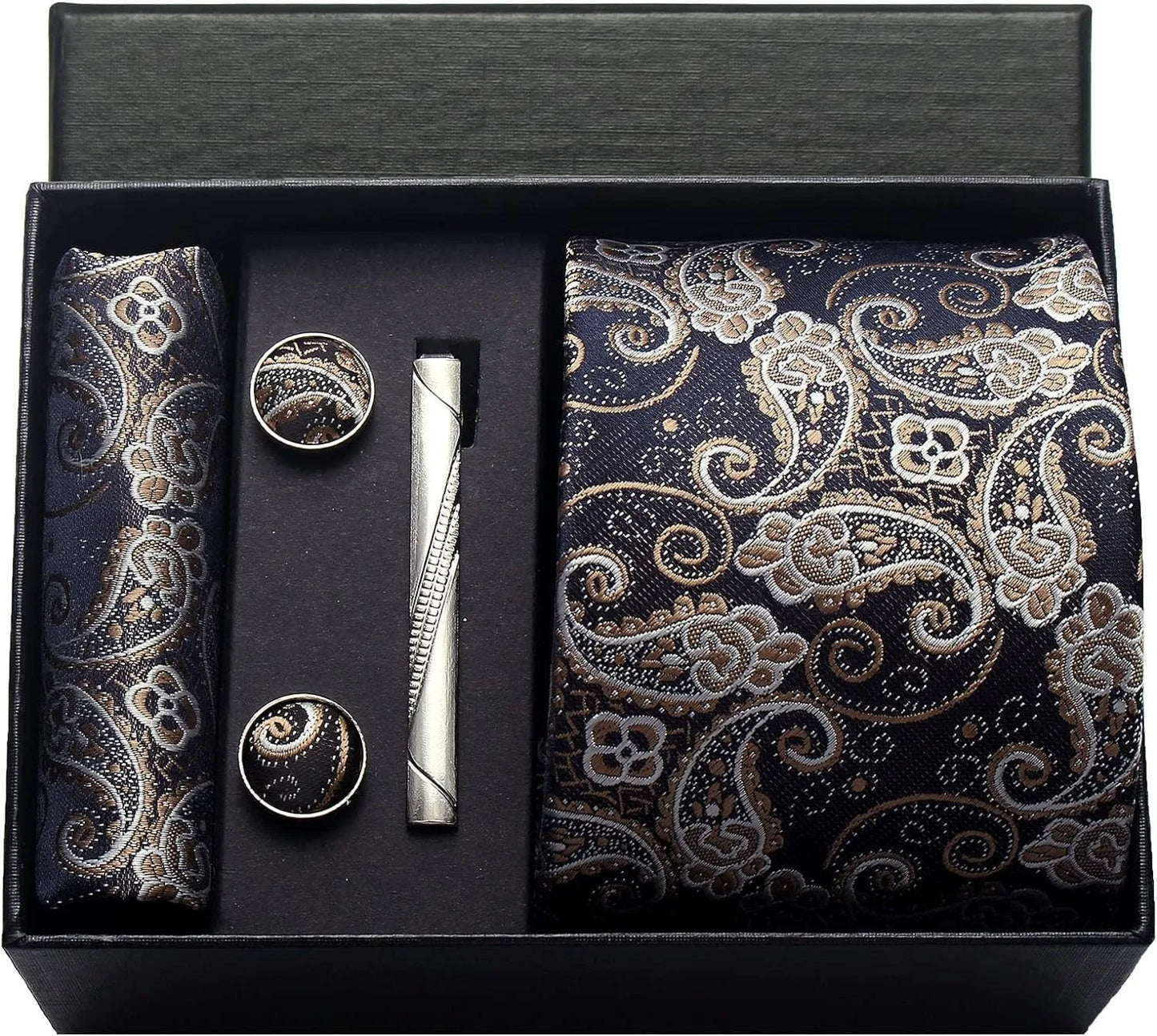 Men's Luxury Silk Paisley Floral Necktie, Pocket Square, Clip & Cufflinks Set - Lovez Aqua© - 