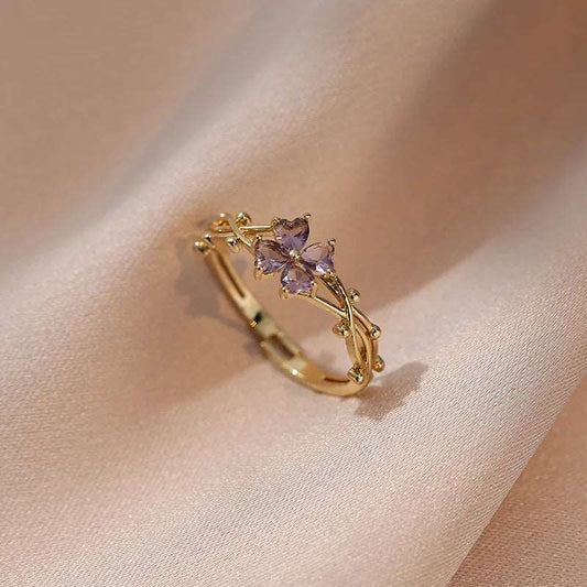 Elegant Gold Plated Ring with Marquise-Cut Amethyst Flower & Twisted Band - Lovez Aqua© - 