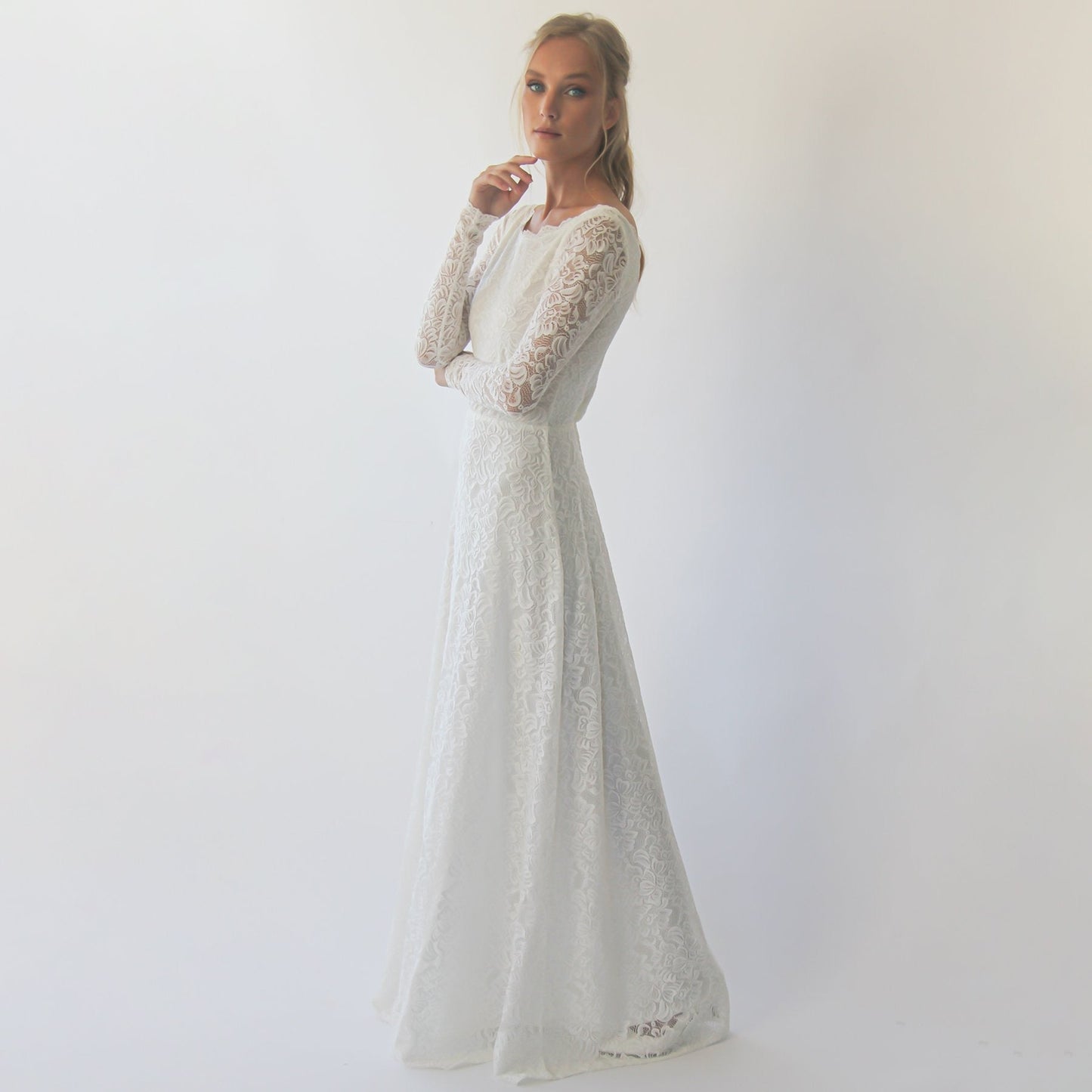 White Boat Neckline & Long Bell Lace Sleeves Modest Wedding Dress