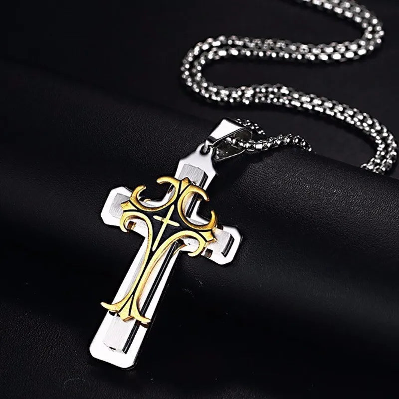 Men's Thick Engraved Stainless Steel Cross Pendant Necklace - Lovez Aqua© - 