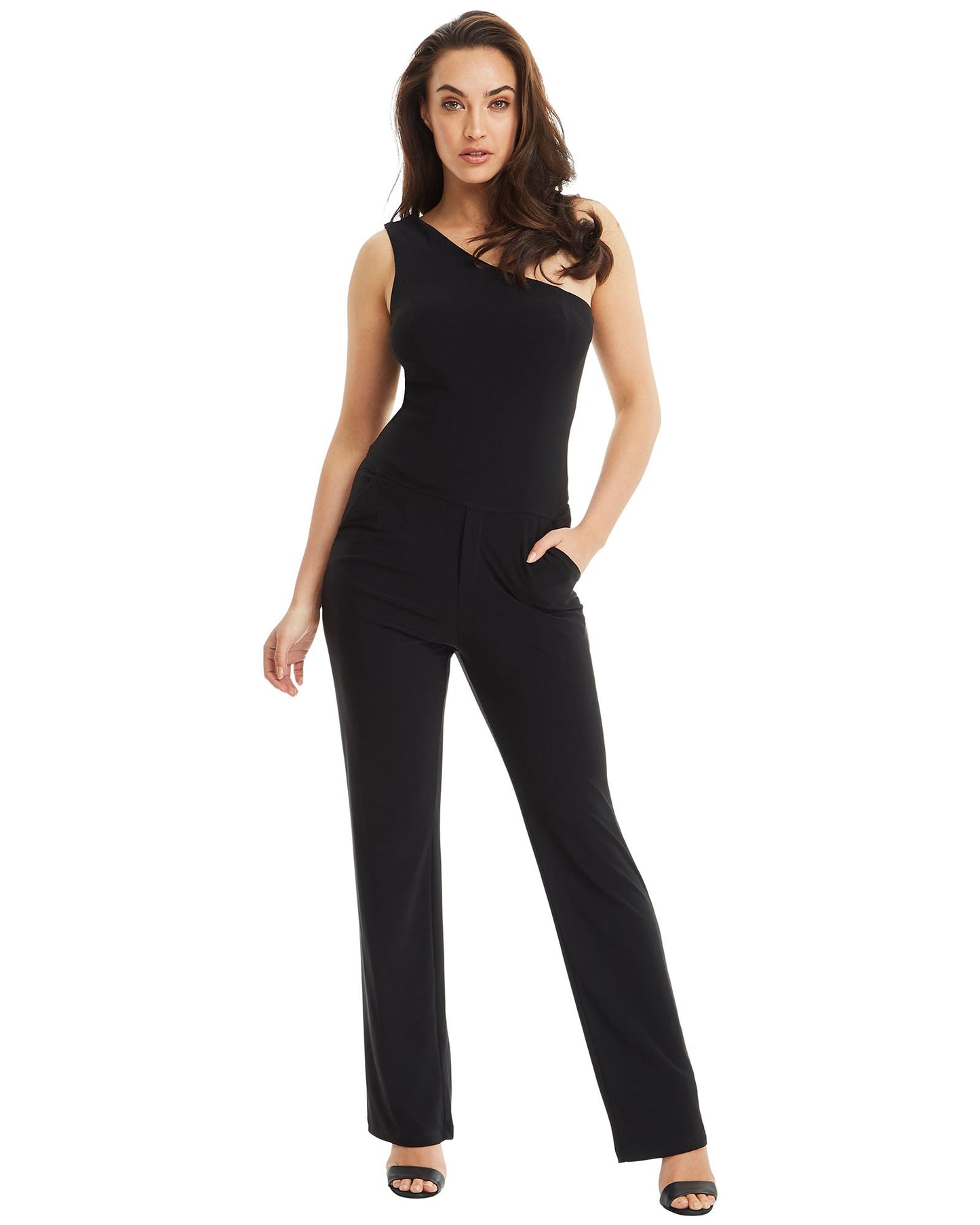 Women's Sleek Black Jersey One Shoulder Pantsuit