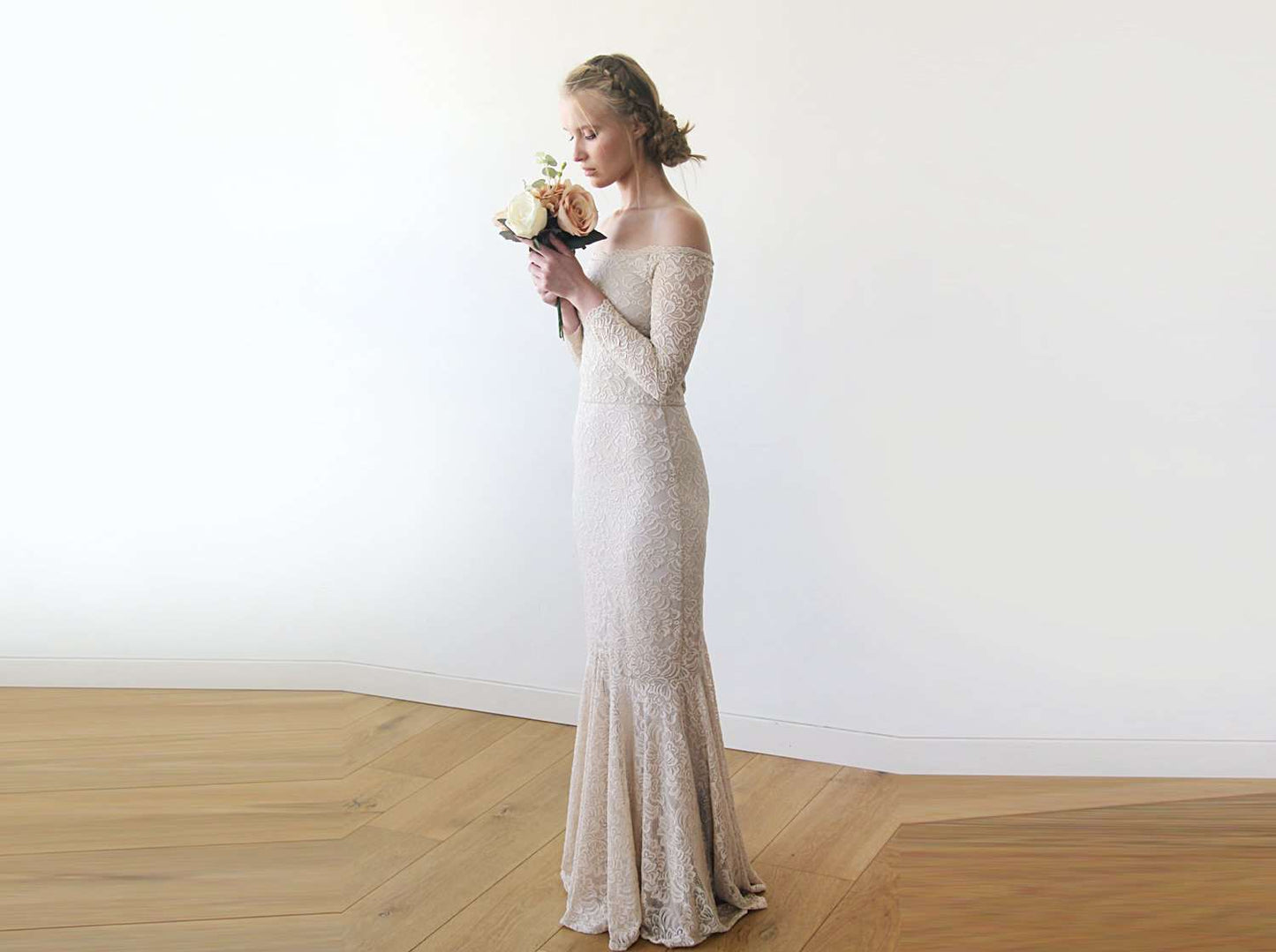 Champagne Mermaid Off-Shoulders Floral Lace Wedding Dress with Long Sleeves