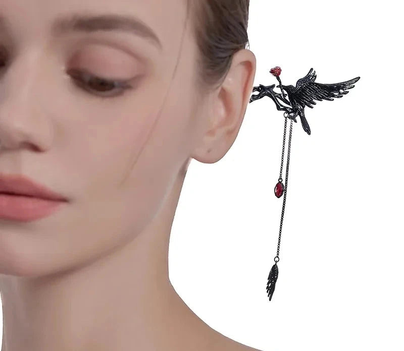 Gothic Style Dangling Red Crystals & Black Raven Bird Pendant Women's Hairpin - Lovez Aqua© - 