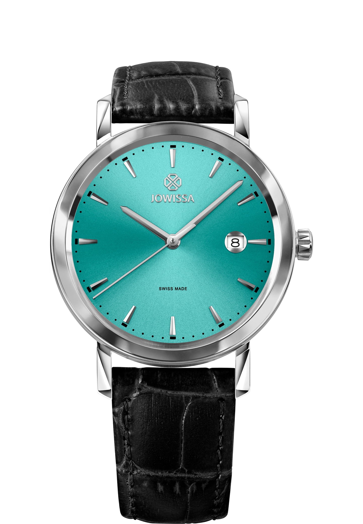 Men's Swiss Turquoise & Silver Round Watch with Leather Alligator-Embossed Strap