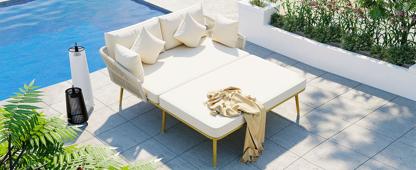 Outdoor Patio Beige Woven Nylon Two Seater Daybed with Backrest & Cushions - Lovez Aqua© - 