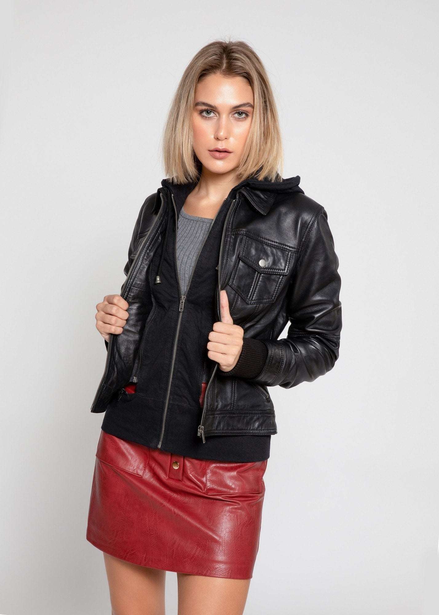 Women's Genuine Lambskin Leather Jacket with Fleece Hoodie & Pockets